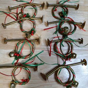 Lot Of 8 Brass French Horn Christmas Ornaments Vintage W/Added Ribbon & Bells